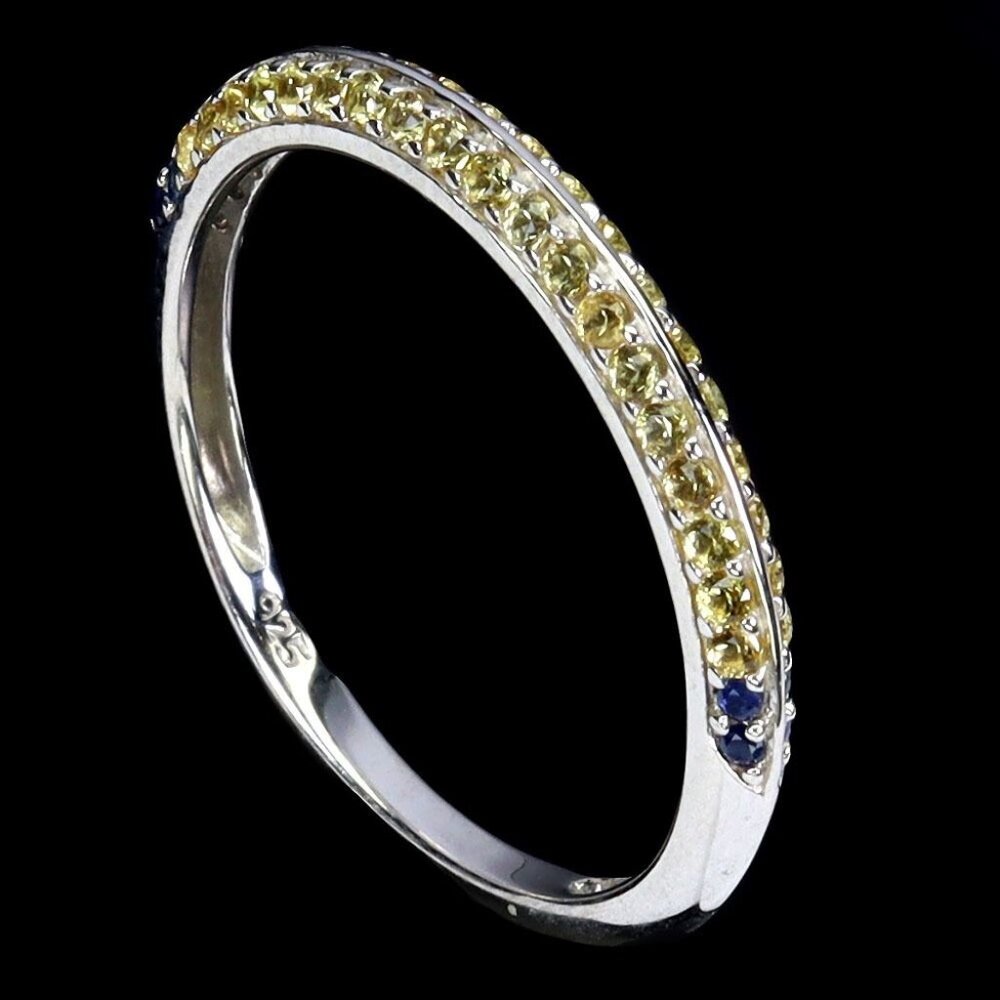 Yellow & Blue Sapphire Unisex Pinky ring in 925 Gold Plated Sterling Silver Sz 6 - Picture 3 of 11